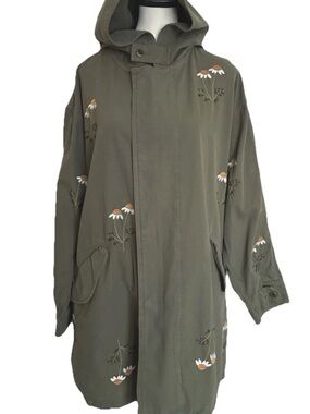 THE GREAT. Olive Hooded Trench Coat with Daisy Embroidery